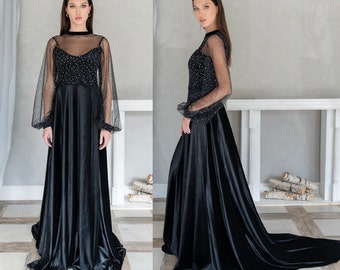 Black Tie Wedding Velvet Dress with Train, Dress with Puff Sleeves, Mother of the Bride Dress, Bridesmaid Dress, Prom Dress, Custom Dress