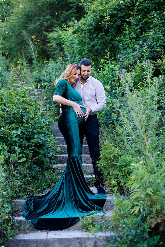 Emerald Green Velvet Maternity Dress, Elegant Long Gown