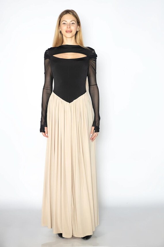 Jersey Elegant Maxi Floor Length Dress, Black Top, Sheer Sleeves, Beige Skirt