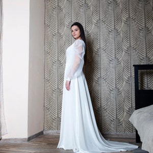 Ivory Wedding Velvet Dress with Sheer Sleeves, Long Bridal Dress with Open Back image 5
