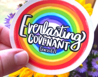 May include: A white sticker with a rainbow design and the text "Everlasting Covenant" and "Genesis 8:21".