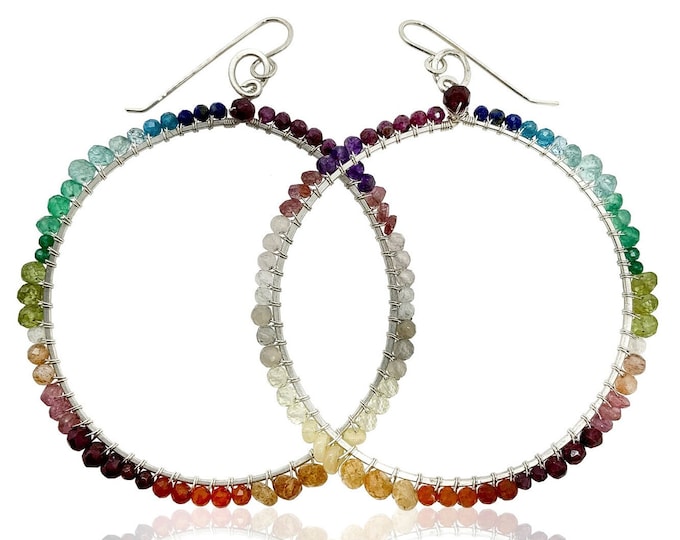 Large 2.5" Silver Mixed Gemstone Hoop Earrings for Women, Garnet, Ruby, Amethyst, Peridot, Topaz Anniversary Birthstone Gift