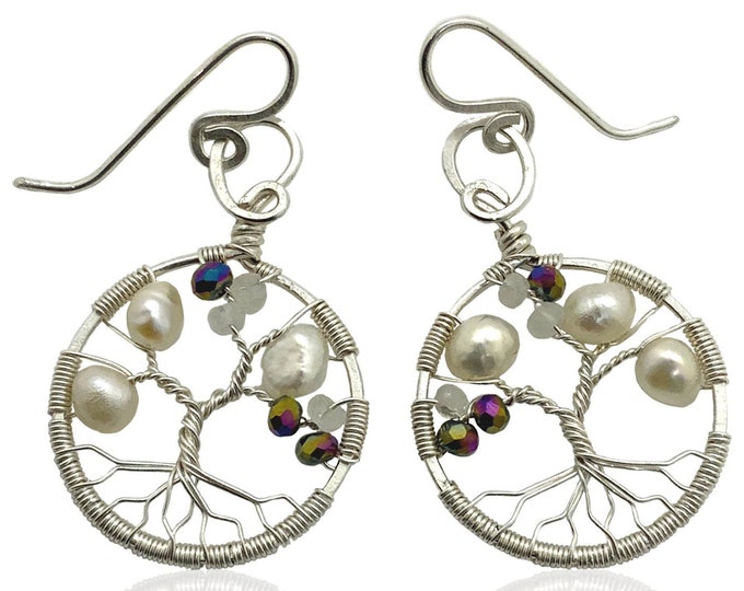 Tree-of-Life Earring Synthetic Alexandrite Freshwater Pearl Moonstone Earrings 3rd Anniversary Sterling Silver Women 30th Gift