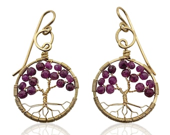 Gold Ruby Tree of Life Earrings for Women, 40th Anniversary, July Birthstone Gift
