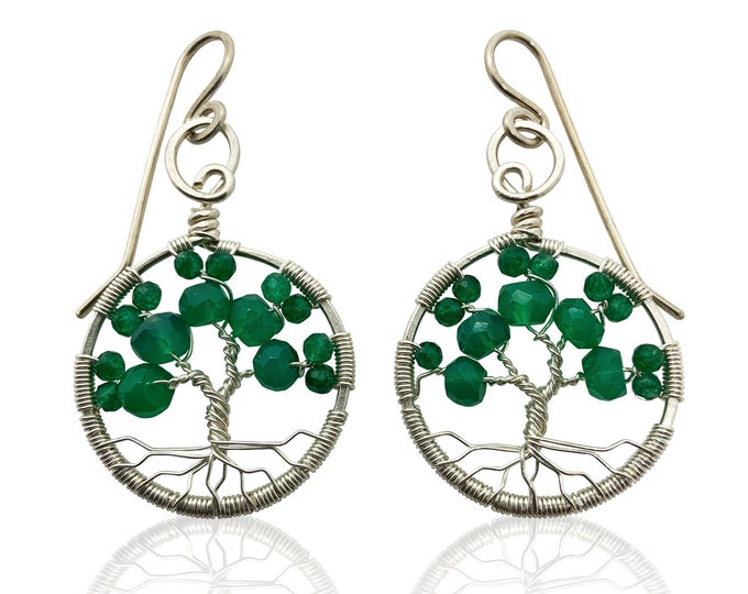 Silver Emerald Green Onyx Tree of Life Earrings May Birthstone for Gemini Taurus