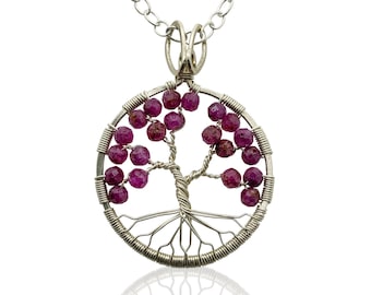 Silver Ruby Tree of Life Pendant Necklace for Women, 40th Anniversary, July Birthstone Gift