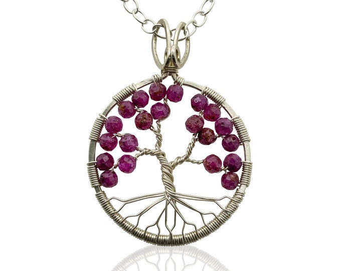 Silver Ruby Tree of Life Pendant Necklace for Women, 40th Anniversary, July Birthstone Gift