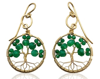 Gold Emerald Green Onyx Tree of Life Earrings May Birthstone for Gemini Taurus