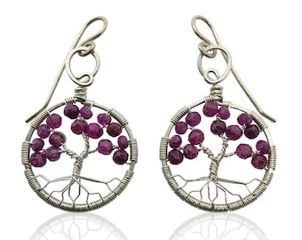 Silver Ruby Tree of Life Earrings for Women, 40th Anniversary, July Birthstone Gift