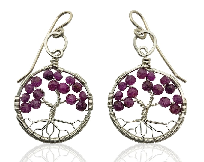 Silver Ruby Tree of Life Earrings for Women, 40th Anniversary, July Birthstone Gift