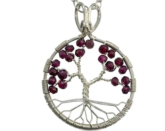 Tree of Life Garnet Chakra Pendant Necklace for Women, Silver Wire, January Birthstone, 2nd Anniversary