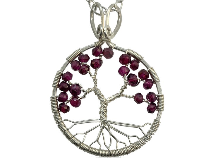 Tree of Life Garnet Chakra Pendant Necklace for Women, Silver Wire, January Birthstone, 2nd Anniversary