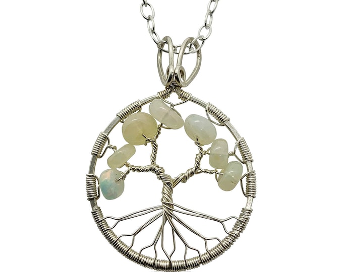 October Birthstone Silver Opal Tree of Life Pendant Necklace for Women 14th Anniversary Gift Libra