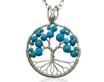 Silver Turquoise Tree of Life Pendant Necklace for Women 11th Anniversary December Birthstone Sagittarius Capricorn Gift