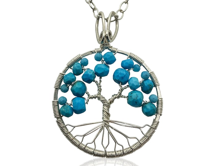 Silver Turquoise Tree of Life Pendant Necklace for Women 11th Anniversary December Birthstone Sagittarius Capricorn Gift