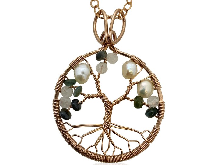 Real Alexandrite Rose Gold Tree-of-Life Pendant with Freshwater Pearls and Moonstone 3rd Anniversary Jewelry Gold Jewelry Women 30th Gift
