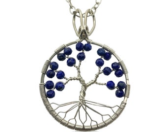 Silver Lapis Lazuli Tree of Life Pendant Necklace for Women 9th Anniversary September Birthstone Virgo