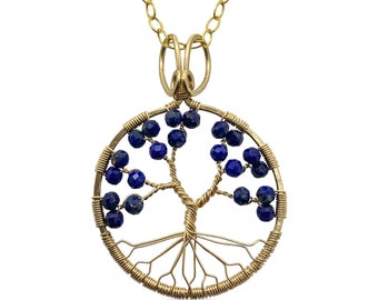 Gold Lapis Lazuli Tree of Life Pendant Necklace for Women 9th Anniversary September Birthstone Virgo