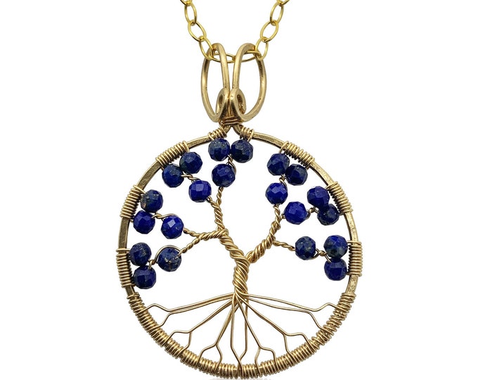 Gold Lapis Lazuli Tree of Life Pendant Necklace for Women 9th Anniversary September Birthstone Virgo