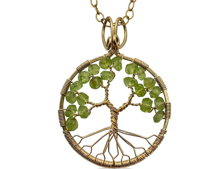 Gold Peridot Tree of Life Pendant Necklace for Women, 1st Anniversary, August Birthstone Gift