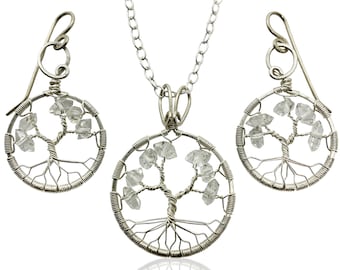 Herkimer Diamond Jewelry Set Sterling Silver Tree-of-Life April Birthstone Anniversary Gift