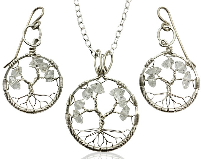 Herkimer Diamond Jewelry Set Sterling Silver Tree-of-Life April Birthstone Anniversary Gift