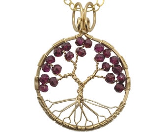 Tree of Life Garnet Chakra Pendant Necklace for Women - Gold Filled Wire and January Birthstone Gems