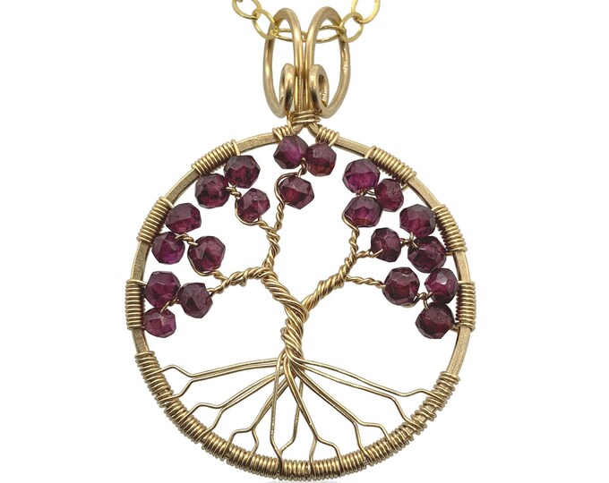 Tree of Life Garnet Chakra Pendant Necklace for Women - Gold Filled Wire and January Birthstone Gems