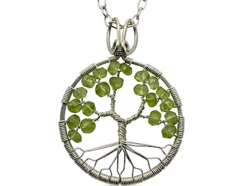 Silver Peridot Tree of Life Pendant Necklace for Women, 1st Anniversary, August Birthstone Gift