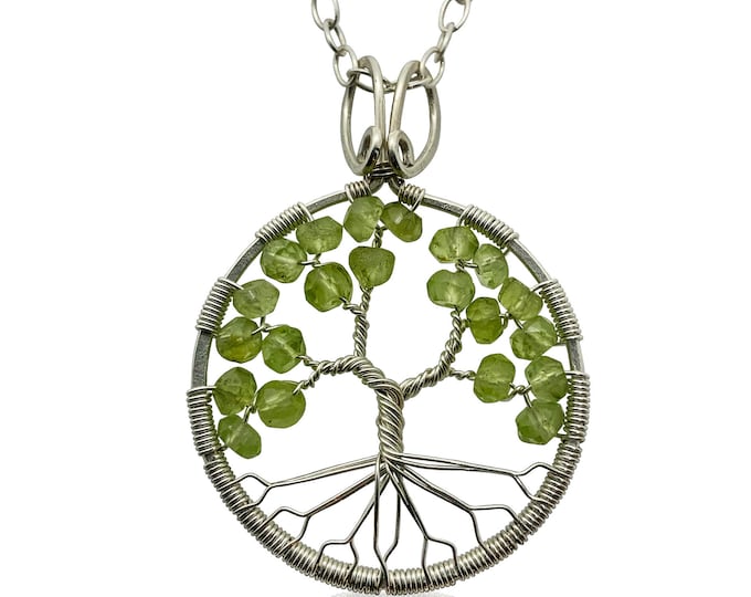 Silver Peridot Tree of Life Pendant Necklace for Women, 1st Anniversary, August Birthstone Gift
