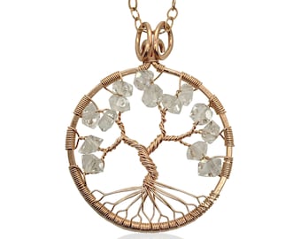 Rose Gold Herkimer Tree Of Life Pendant 18", 24” or 32" Statement Necklace 10th Anniversary April Birthstone Aries Taurus