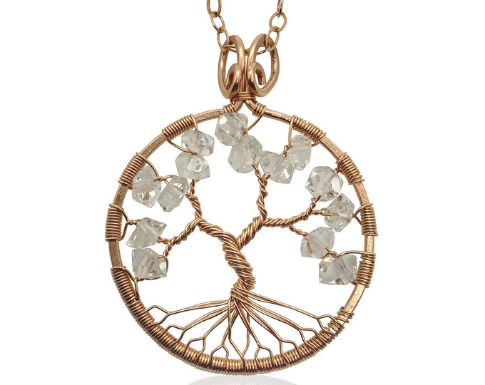 Rose Gold Herkimer Tree Of Life Pendant 18", 24” or 32" Statement Necklace 10th Anniversary April Birthstone Aries Taurus