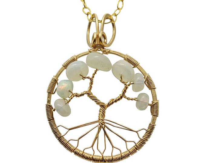 October Birthstone Gold Opal Tree of Life Pendant Necklace for Women 14th Anniversary Gift Libra