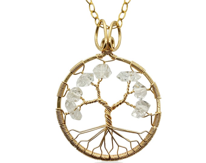 Herkimer Diamond Gold Tree-Of-Life Gold Necklace Aries Taurus Leo April Birthstone Statement Necklace Diamond Anniversary Healing Crystal