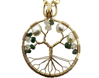 Real Alexandrite Gold Tree-of-Life Pendant with Freshwater Pearls and Moonstone 3rd Anniversary Jewelry Gold Jewelry for Women 30th Gift