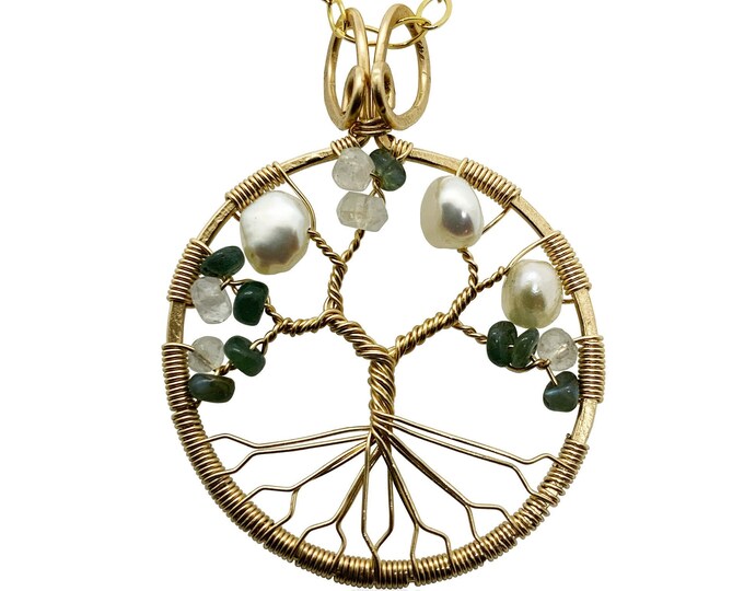 Real Alexandrite Gold Tree-of-Life Pendant with Freshwater Pearls and Moonstone 3rd Anniversary Jewelry Gold Jewelry for Women 30th Gift