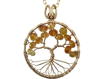 Large Gold Imperial Topaz Tree of Life Pendant Necklace for Women 23rd Anniversary November Birthstone Scorpio Sagittarius