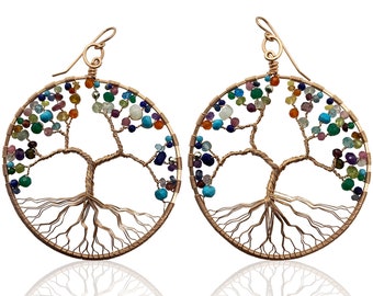 Giant Hoop Tree of Life Earrings in Rose Gold and Mixed Colorful Gemstones