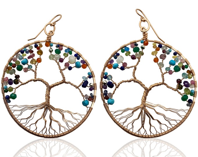Giant Hoop Tree of Life Earrings in Rose Gold and Mixed Colorful Gemstones