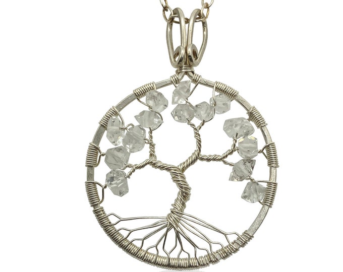 Sterling Silver Herkimer Tree Of Life Pendant 18", 24” or 32" Necklace 10th Anniversary April Birthstone Aries Taurus