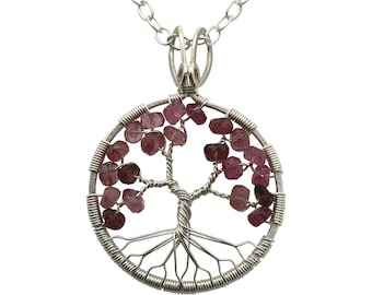 Cherry Blossom Tree-Of-Life Necklace Silver Tree of Life Wire Wrapped Pink Tourmaline October Birthstone Libra Heart Chakra 8th Anniversary