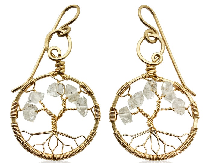 Gold Herkimer Diamond Tree-Of-Life Gold Earrings April Birthstone Aries Taurus 10th Anniversary Gift
