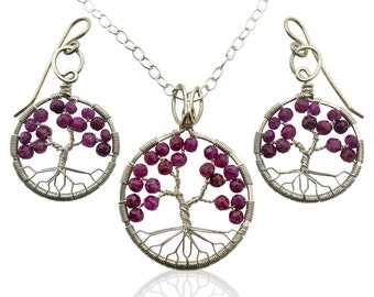 Silver Ruby Tree of Life Jewelry Gift Set for Women, 40th Anniversary, July Birthstone Gift