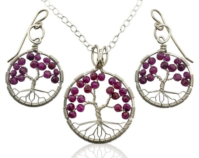 Silver Ruby Tree of Life Jewelry Gift Set for Women, 40th Anniversary, July Birthstone Gift