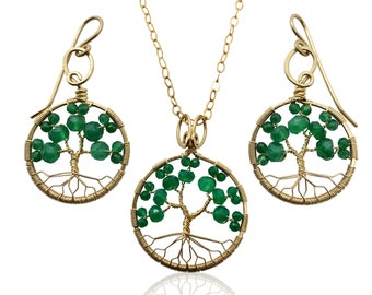 Gold Emerald Green Onyx Tree of Life Jewelry Set May Birthstone for Gemini Taurus