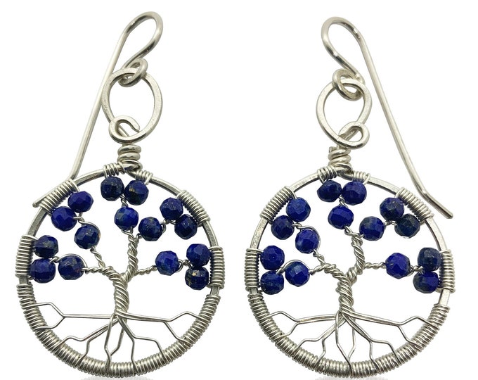 Silver Lapis Lazuli Tree of Life Earrings for Women, 9th Anniversary, September Birthstone Gift Virgo