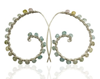 Large Silver Aquamarine Spiral Hoop Earrings for Women Pisces Aries 19th Anniversary Gift