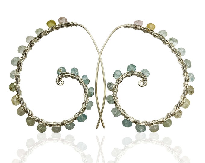 Large Silver Aquamarine Spiral Hoop Earrings for Women Pisces Aries 19th Anniversary Gift