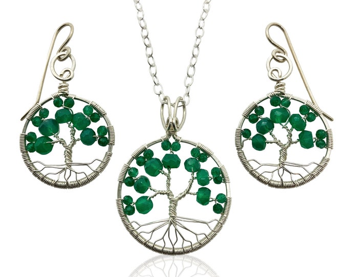 Silver Emerald Green Onyx Tree of Life Jewelry Set May Birthstone for Gemini Taurus