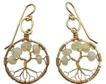 October Birthstone Gold Opal Tree of Life Earrings for Women 14th Anniversary Gift Libra